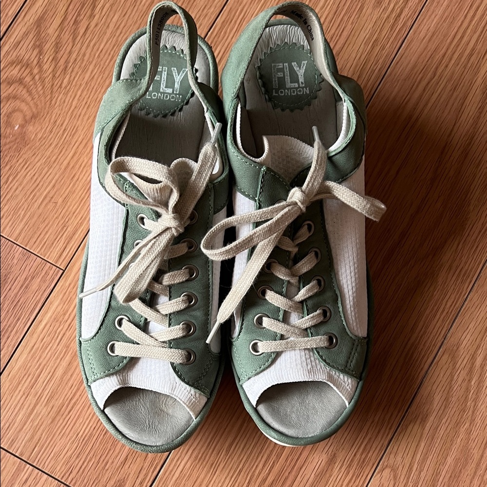 Fly London Green and Cream Wedge Sandals - Picture 4 of 4